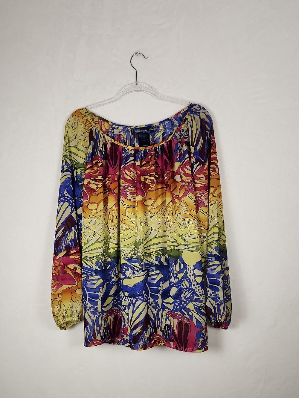 Susan Graver Sheer Multicolor Floral Boatneck Tunic - Yellow, Blue, Green, Pink